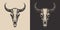 Set of vintage retro scary spooky cow bull skull head skeleton. Cowboy Native American. Can be used like emblem, logo. Monochrome