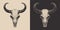 Set of vintage retro scary spooky cow bull skull head skeleton. Cowboy Native American. Can be used like emblem, logo. Monochrome