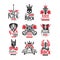 Set of vintage rock logos. Original monochrome emblems with guitars, skulls, roses, retro microphones, crowns and wings