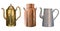 Set of vintage rustic objects. Brass Kettle, Copper Milk Can and Aluminum Kettle. Isolated on white background