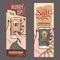 Set with vintage sale banners with hands holding smartphone