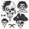 Set of vintage skull pirate emblems, tattoo, icon, tee shirt