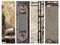 Set of vintage steampunk backdrop with pipes on stucco wall. Collection of vertical banners with concrete wall and pipelines. Copy