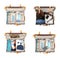 Set of vintage suitcases packed for travelling on background, top view