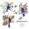 Set of vintage summer vector toucan, butterflies and flowers