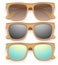 Set of Vintage sunglasses with wooden frame. Retro
