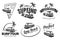 Set of vintage surfing car labels, badges and emblems. Old school car with surfboard. Vector logo.