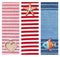 Set of vintage travel vertical banners with felt fish and starfish, rope heart tag on a striped and denim fabric background.