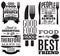 Set of vintage typographic food quotes for menu or t-shift with knife, spoon, fork