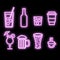 Set of violet abstract neon glowing shiny icons, signs of alcoholic beverages bar cafe: cocktails, glasses, beer, bottles, whiskey