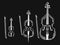 Set of violins. Collection of bow musical instruments. Stylized cello. Black and white vector illustration.