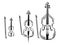 Set of violins. Collection of bow musical instruments. Stylized cello. Black and white vector illustration.