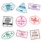 Set of visa stamps for passports. International and immigration office stamps. Arrival and departure visa stamps