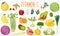 Set of vitamin C sources. Healthy food. Collection of vegetables and fruits enriched vitamin C. Vector illustration