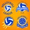 Set of volleyball labels, logo templates etc. with ball, fire, stars and ribbon. Vector