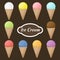 Set of waffle cones and ice cream scoops with different flavors and colors.