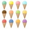 Set of waffle cones and ice cream scoops with different flavors and colors. Colorful sweet fruit dessert in waffle cones.