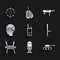 Set Walkie talkie, Aviation bomb, Military tank, Police rubber baton, Barbed wire, Army soldier, Submachine gun M3 and