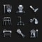 Set Walking stick cane, Prosthesis leg, Elevator for disabled, Hearing aid, Stretcher, Walker, and IV bag icon. Vector