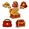 Set of wallets, bags and a chest full of gold coins isolated on white background. Vector cartoon close-up illustration.