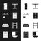Set Wardrobe, Shelf with books, Refrigerator, Round table, Sofa, Chair, Bathtub shower curtain and Oven icon. Vector