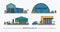 Set of warehouse buildings of different shape with freight transport. Isometric. Lineart. Colorful.