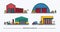 Set of warehouse buildings of different shape with freight transport. Isometric. Lineart. Colorful.