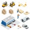 Set of Warehouse equipment. Shipping and delivery flat elements. Workers boxes forklifts and cargo transport.