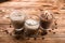 Set of warm drinks on a wooden table, cocoa, hot chocolate and Glasse coffee