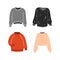 Set of warm knitted sweaters. Seasonal autumn or winter clothes. Vector flat illustration