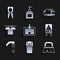 Set Washbasin, Trash can, Brush for cleaning, Wet floor, Shower head, Drying clothes, Garbage truck and Clothes pin icon