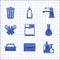 Set Washer, Towel stack, Plastic bottles for liquid dishwashing liquid, Garbage bag, Brush cleaning, Rubber gloves