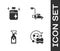 Set Washing dishes, Clean cooking pot, Cleaning spray bottle and Lawn mower icon. Vector