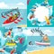 Set of water extreme sports backgrounds, isolated design elements for summer vacation activity fun concept, cartoon wave