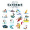 Set of water extreme sports icons, isolated design elements for summer vacation activity fun concept, cartoon wave