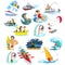 Set of water extreme sports icons, isolated design elements for summer vacation activity fun concept, cartoon wave