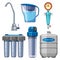 Set of water filter icons, water filtration system