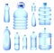 Set of water plastic bottle pack blue color isolated on white background