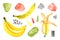 Set of watercolor bananas, abstract spots, brush strokes. Isolated bright illustration on white. Hand painted fruits