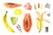 Set of watercolor bananas, papaya, abstract spots, brush strokes. Isolated bright illustration on white. Hand painted fruits