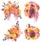 Set of watercolor bouquets of red and yellow autumn flowers roses, dahlia, asters, amaranth