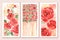 Set of watercolor bright art posters. Wall canvas design. Red roses with green leaves, fence, village, country cosy