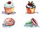 Set of watercolor cakes and pastries