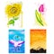 Set of watercolor cards. Yellow flower sunflowers with drips of paint. Pink tulip with a green leaf. Pink flamingos