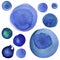 Set of watercolor cerulean, cobalt blue, ultramarine circles. Watercolour round elements