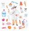 Set of watercolor children dentist badger,toothbrush,teeth,dental thread