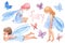 Set of watercolor children`s illustrations with fairies and butterflies. Delicate fantasy characters for decorating a nursery