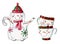 Set of watercolor christmas ceramic kitchenware in cartoon style. Snowman and Santa Claus, teapot and cups
