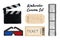 Set of watercolor cinema elements. Movie clapper board, ticket, glass, film tape isolated on white