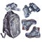 Set watercolor clothing accessories: black army military tourism backpack, boots shoes, binoculars, belt isolated on